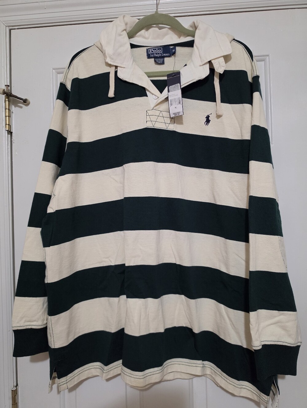 NWT Polo by Ralph Lauren Cream & Dark Green Striped Rugby Hoodie